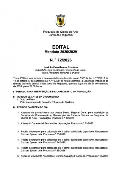 EDITAL 72.2026 - Reuni&atilde;o de Executivo 21.09.26 Ordem do Dia