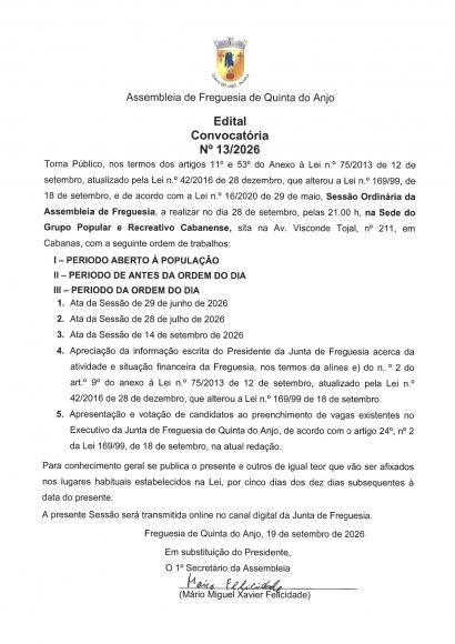 Edital 13/2026 - Convocat&oacute;ria AF ORD. 28 set.2026 (Descentralizada Cabanense)