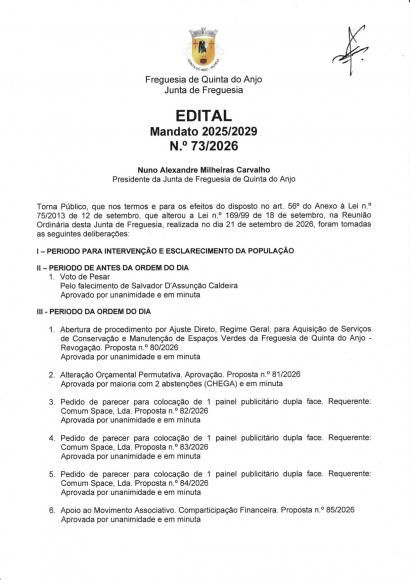 EDITAL 73.2026 - Delibera&ccedil;&otilde;es de reuni&atilde;o Ordin&aacute;ria de 21 de setembro de 2026