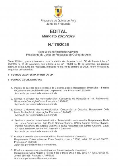 EDITAL 76.2026 - Delibera&ccedil;&otilde;es de Reuni&atilde;o de 10 Out.26