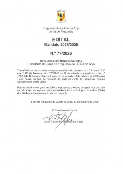 EDITAL 77.2026 - Comunica&ccedil;&atilde;o de Reuni&atilde;o Extraordin&aacute;ria