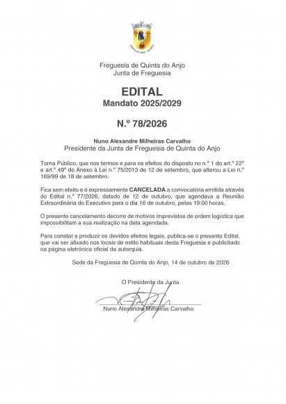 EDITAL 78.2026 - Cancelamento de Reuni&atilde;o Extraordin&aacute;ria de 16 de Outubro