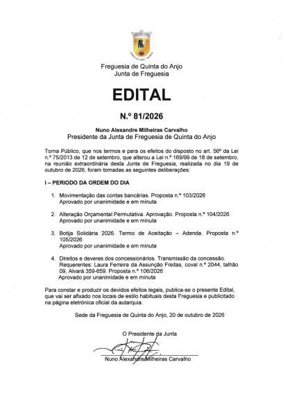 EDITAL 81.2026 - Delibera&ccedil;&otilde;es de Reuni&atilde;o de Executivo de 19 de Outubro de 2026
